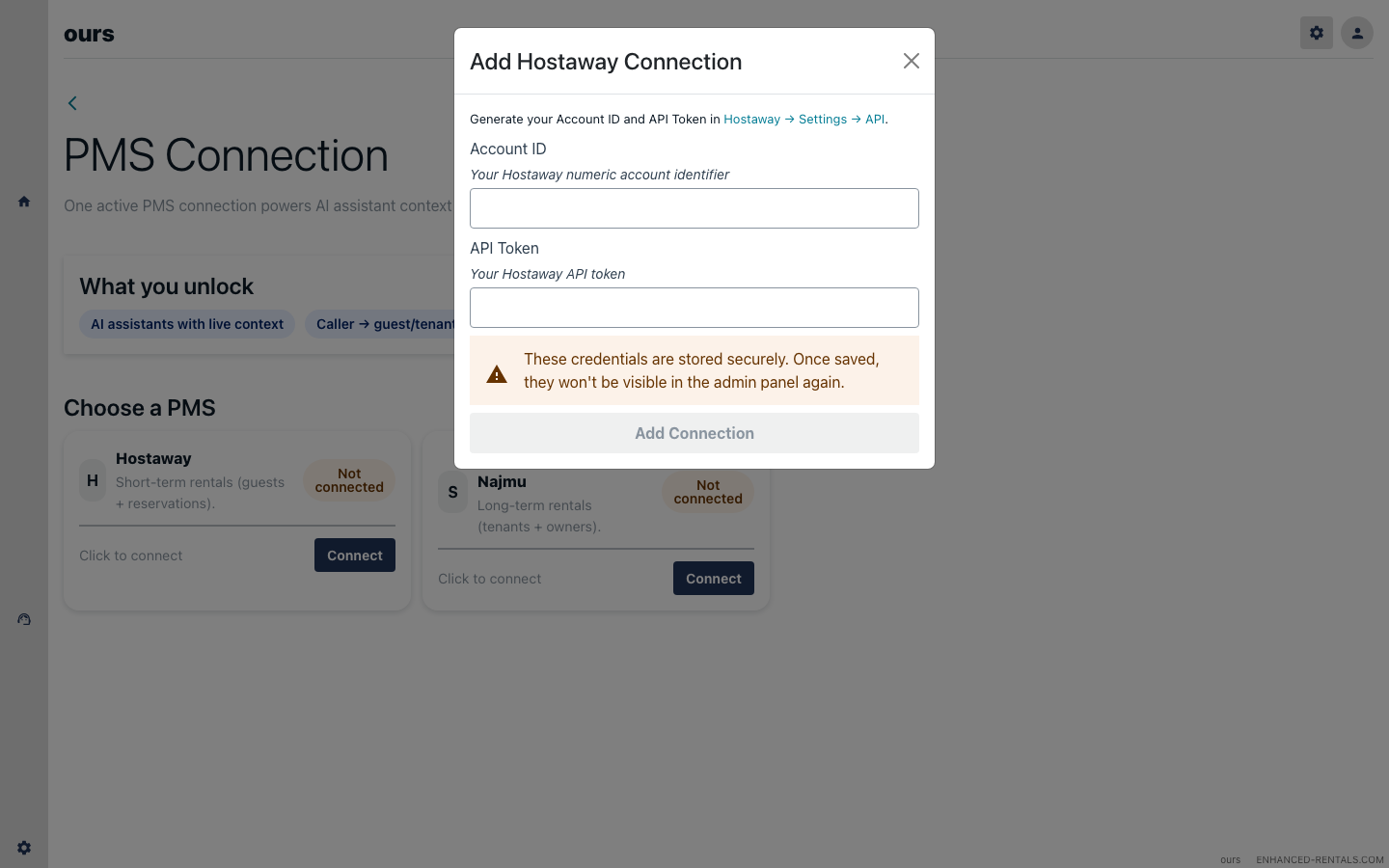 Connect Hostaway dialog