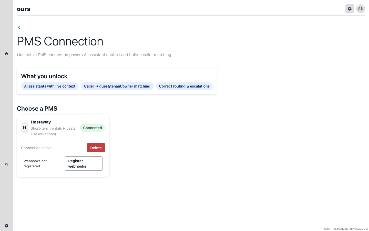 Enhanced Rentals PMS page showing Hostaway Connected status