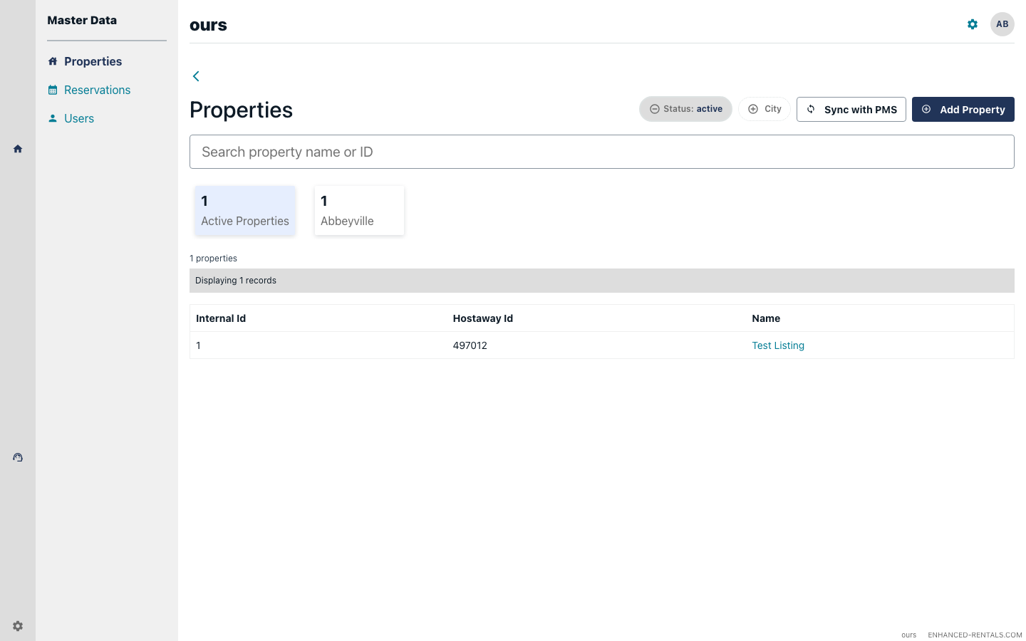 Properties page showing synced listings from Hostaway