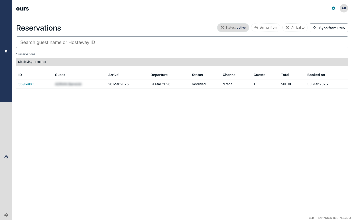 Reservations page showing synced reservations from Hostaway